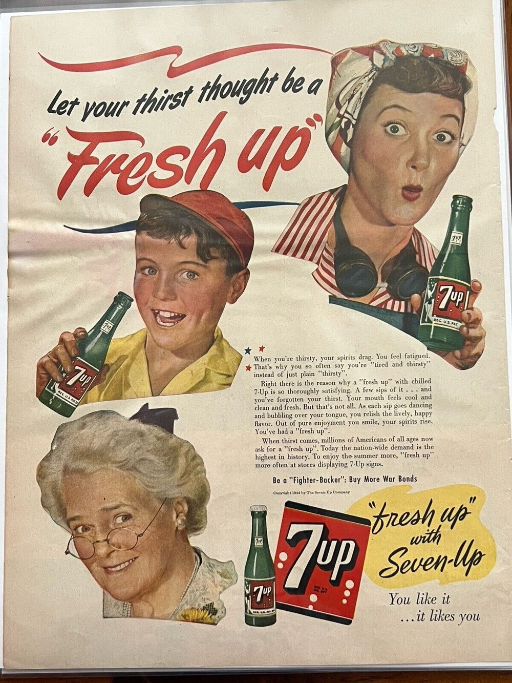 Vtg 1940s 7up Fresh Up Print Ad Three Generations Kid Mom Grandmother 11x14"